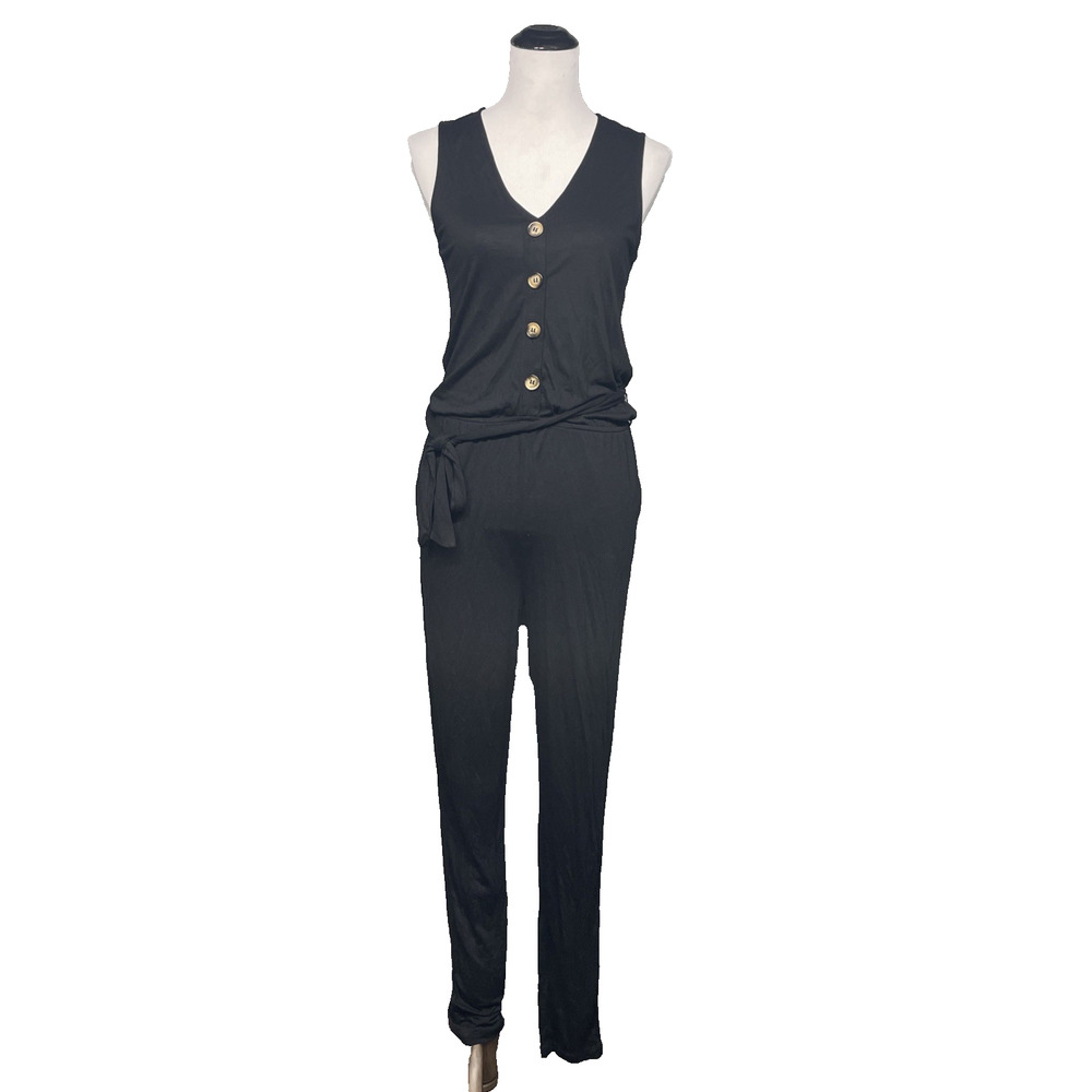 NWT Lascana Black Sleeveless Jumpsuit Womens US 4 Belted Skinny Leg V Neck